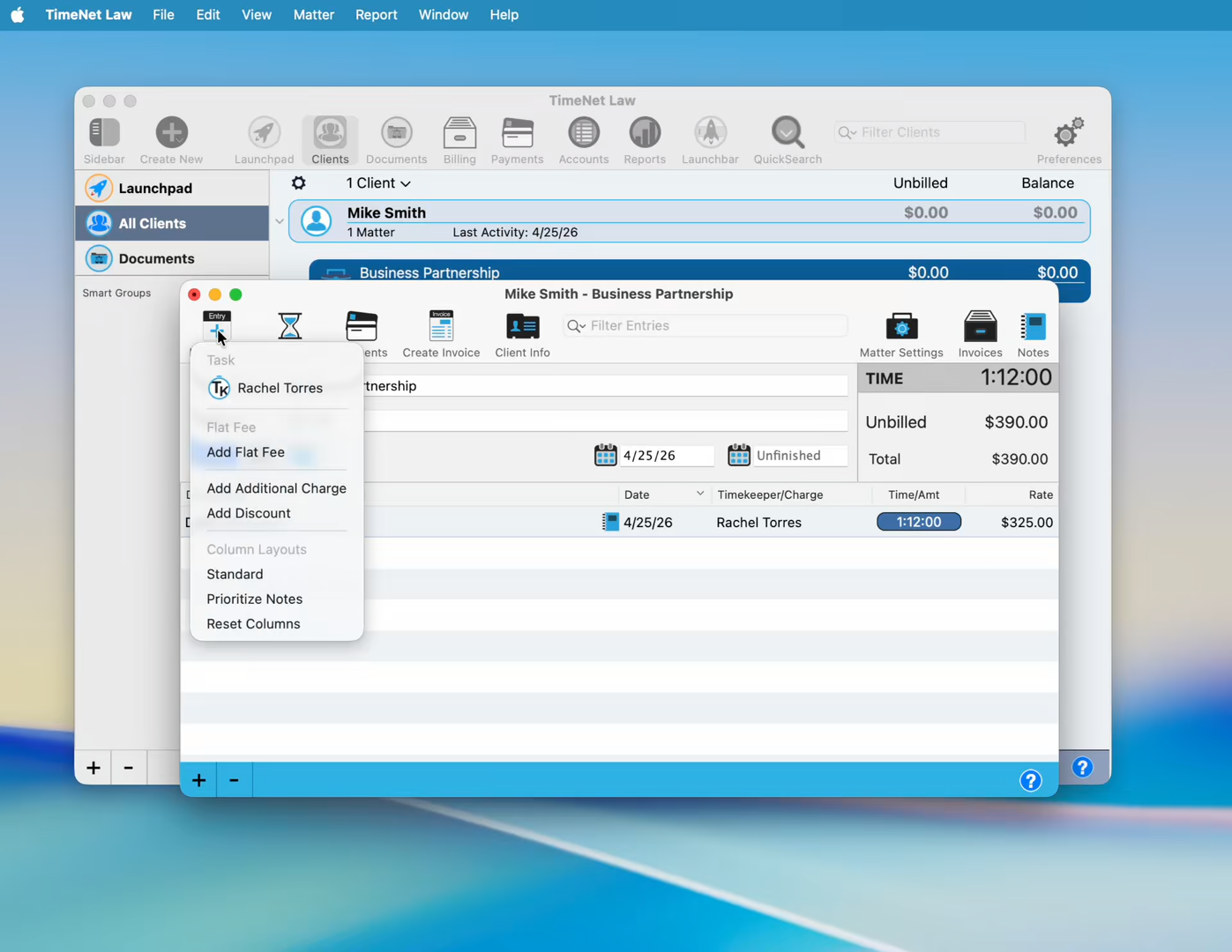 Matter window showing both entries — time entry and flat fee — totaling $1,065.00 unbilled
