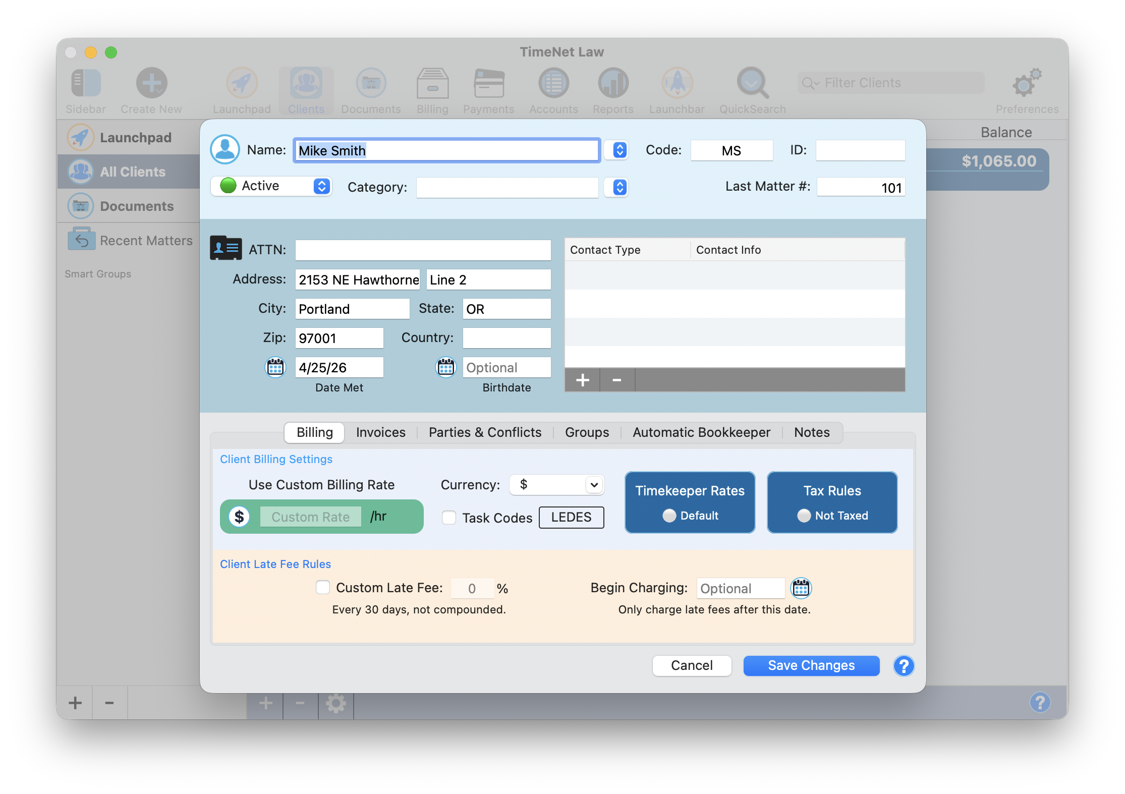 The New Client window showing name, code, and address fields