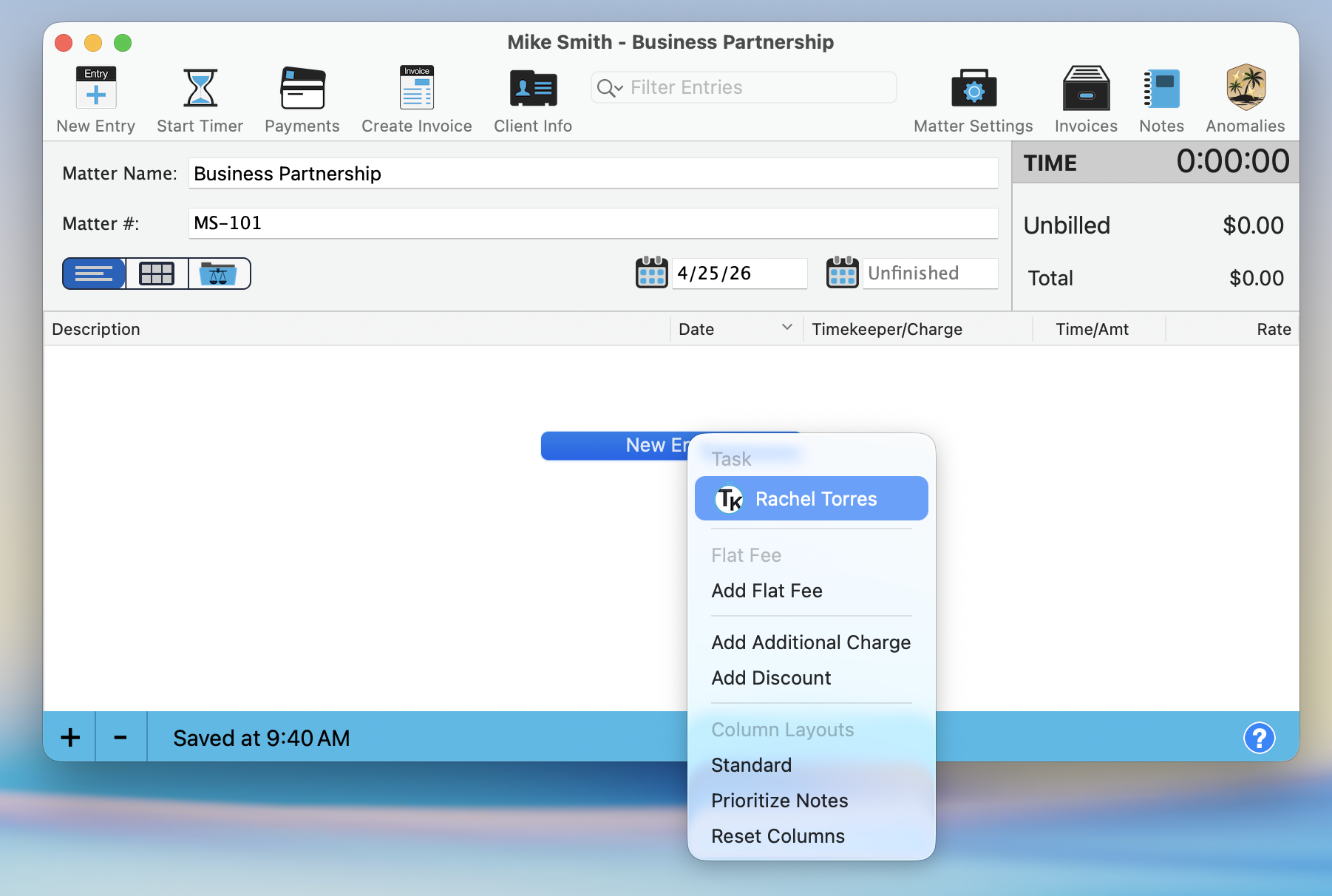 The matter window showing the toolbar with New Entry, Start Timer, Payments, and Create Invoice buttons