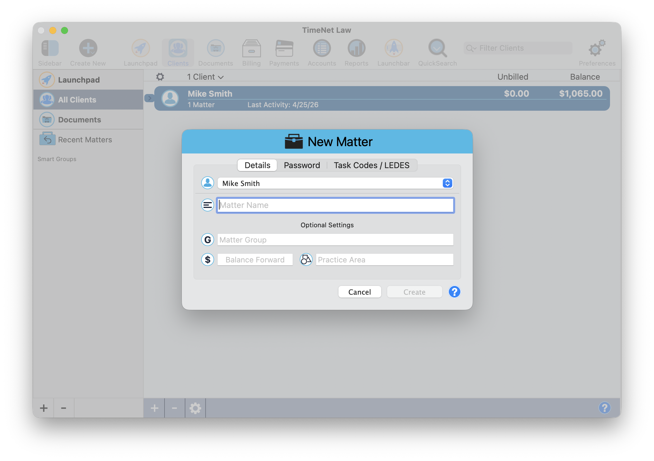 The New Matter window — enter a name and click Create
