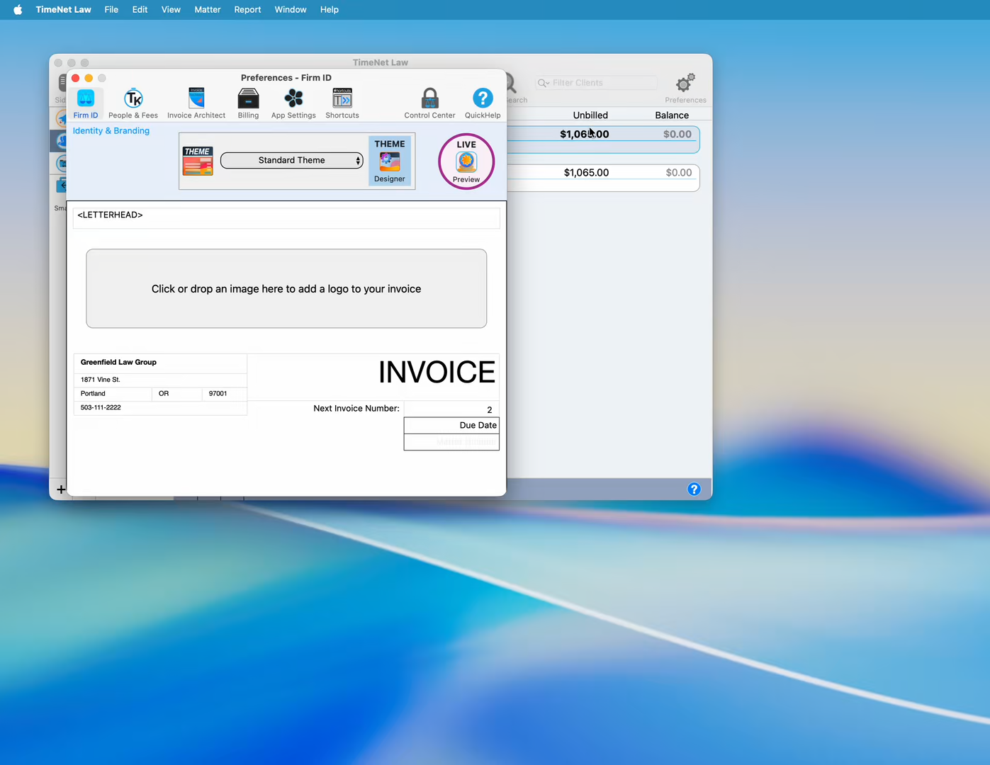 Preferences → Firm ID tab showing logo upload area and Live Preview button
