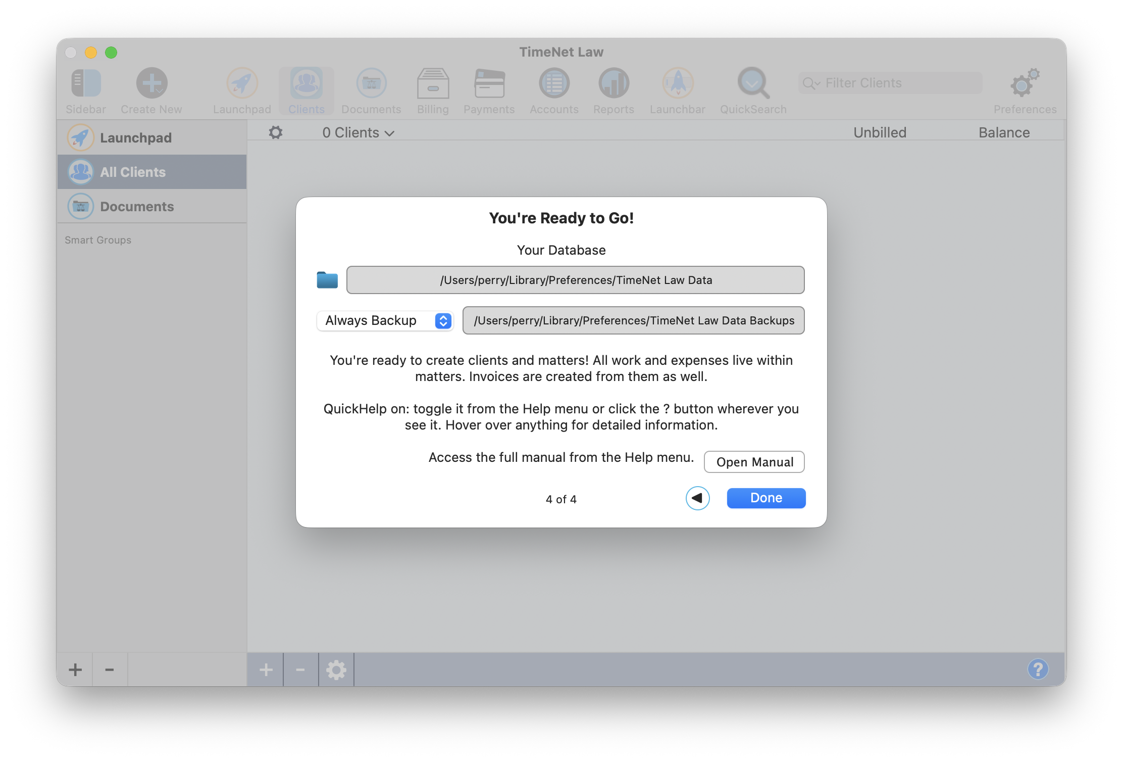 Page 4 — database location, backup settings, and QuickHelp orientation
