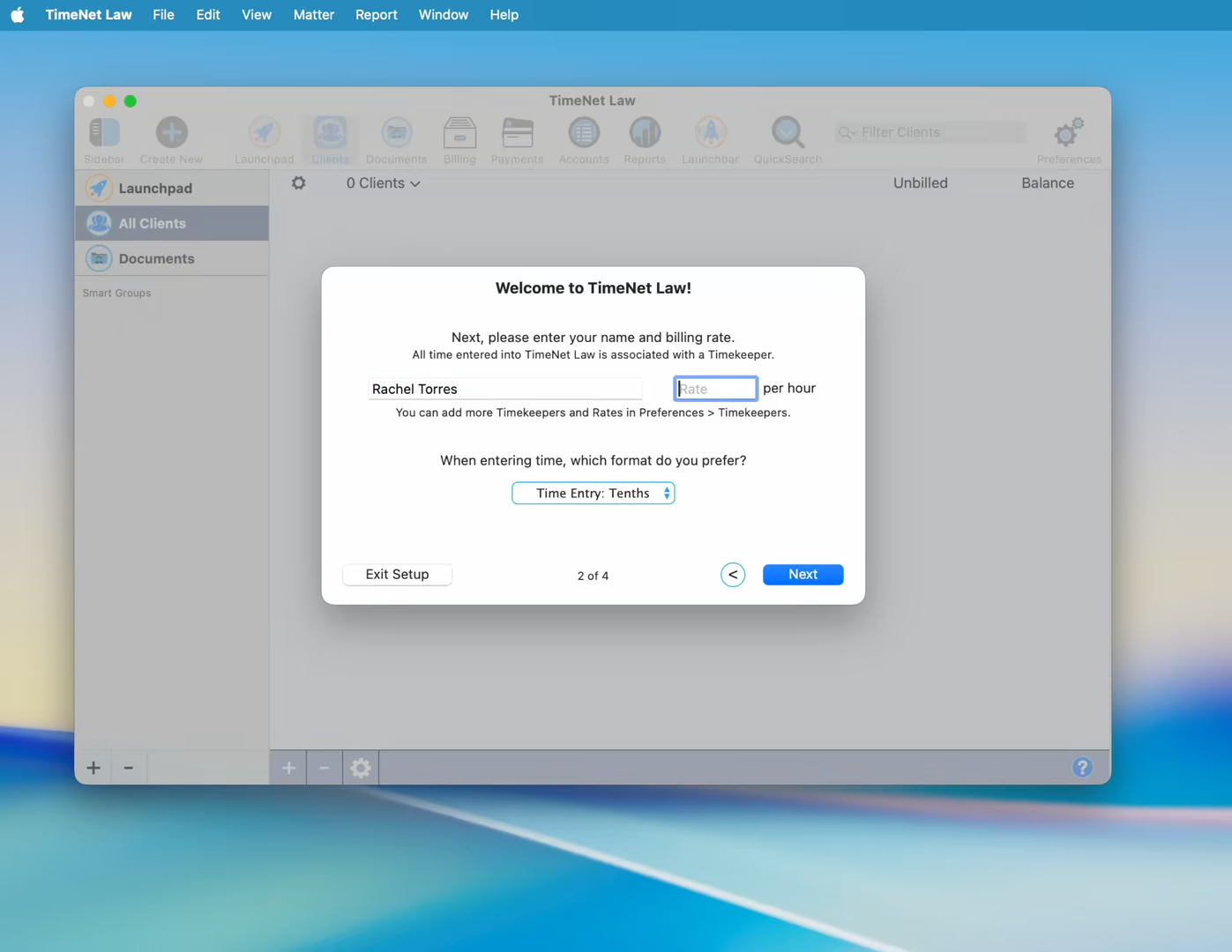 Page 2 — set your name and billing rate. Choose Tenths or Hours:Minutes format.