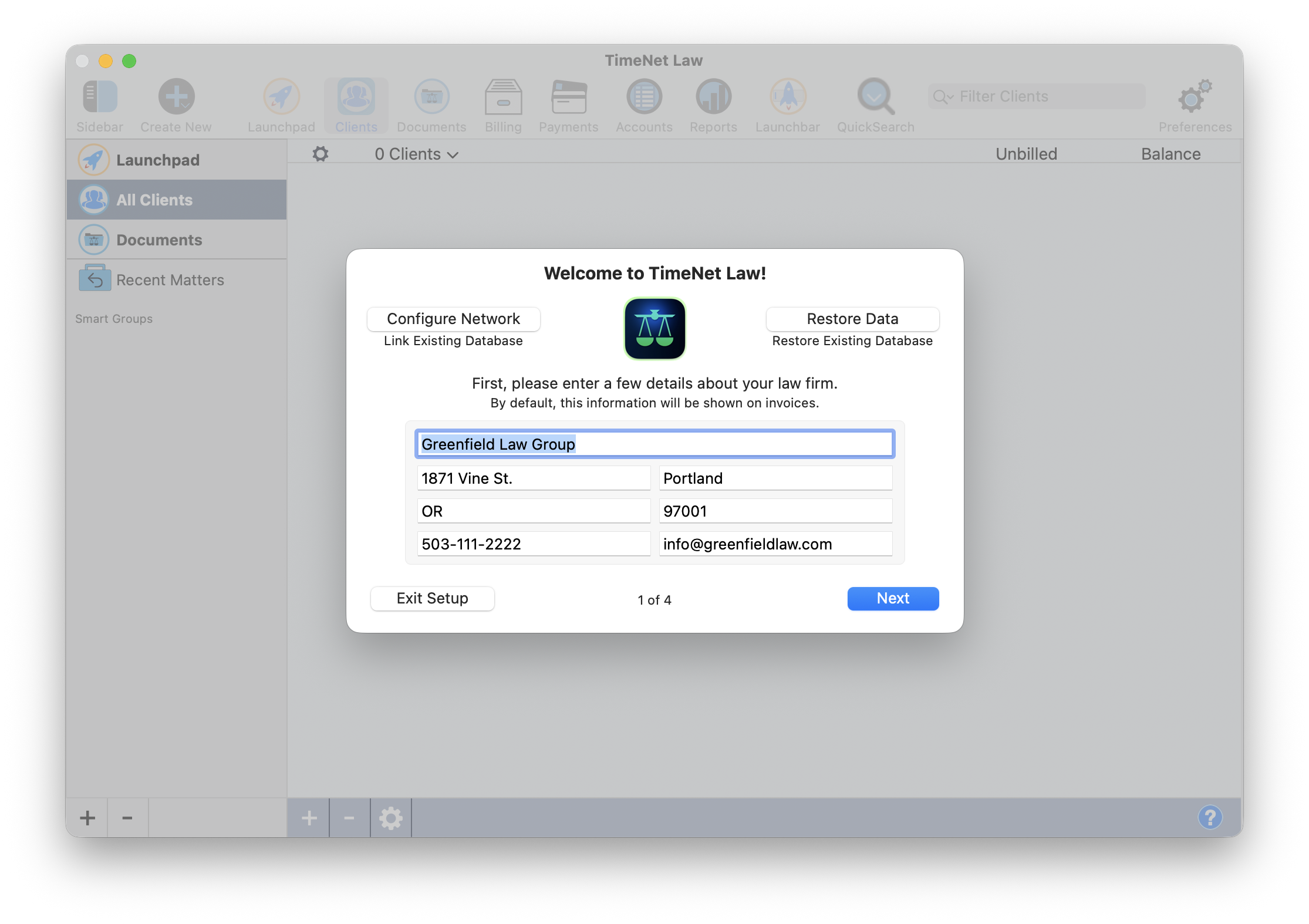 The Setup Wizard — page 1 of 4. Enter your firm name, address, phone, and email.
