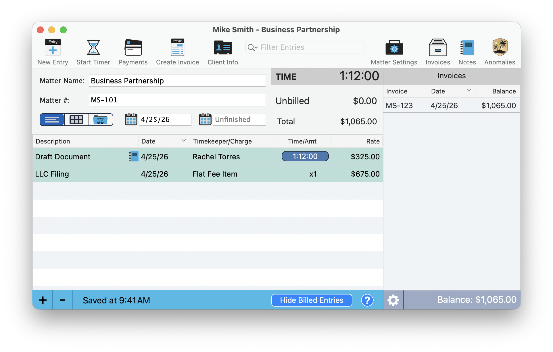 The Invoices tab showing all created invoices for this matter