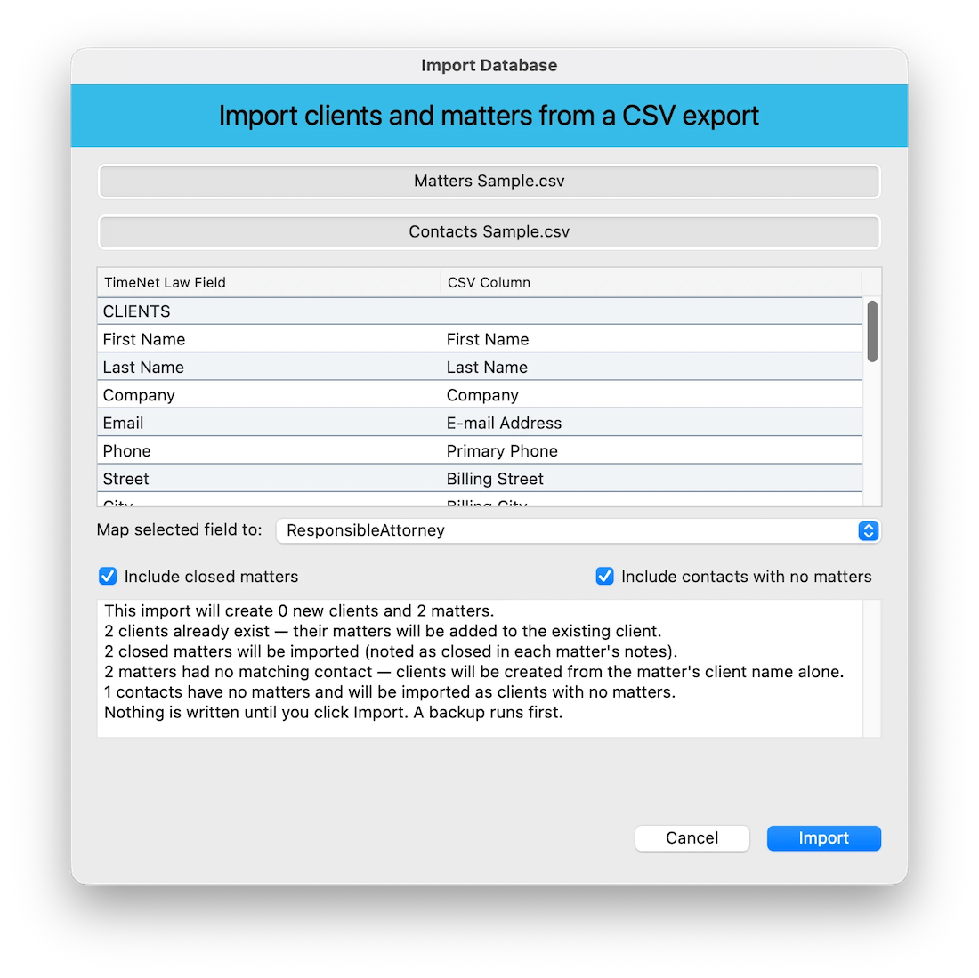 Import Database with both CSV files loaded, showing the field mapping table and a preview of what will be created