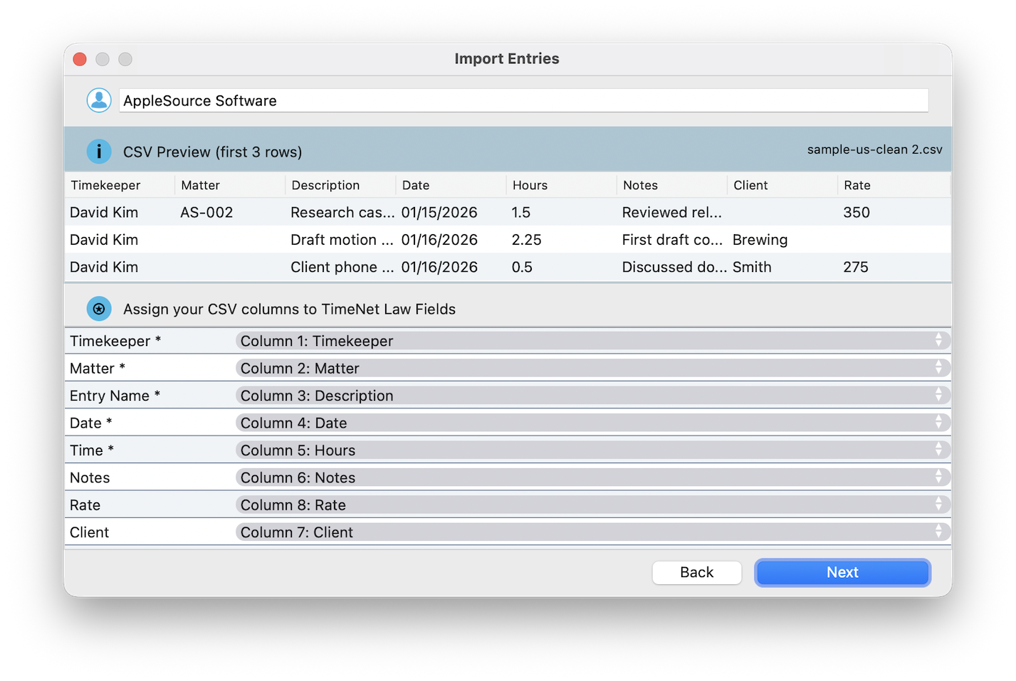 Import Entries CSV mode: preview of the first rows with each CSV column assigned to a TimeNet Law field