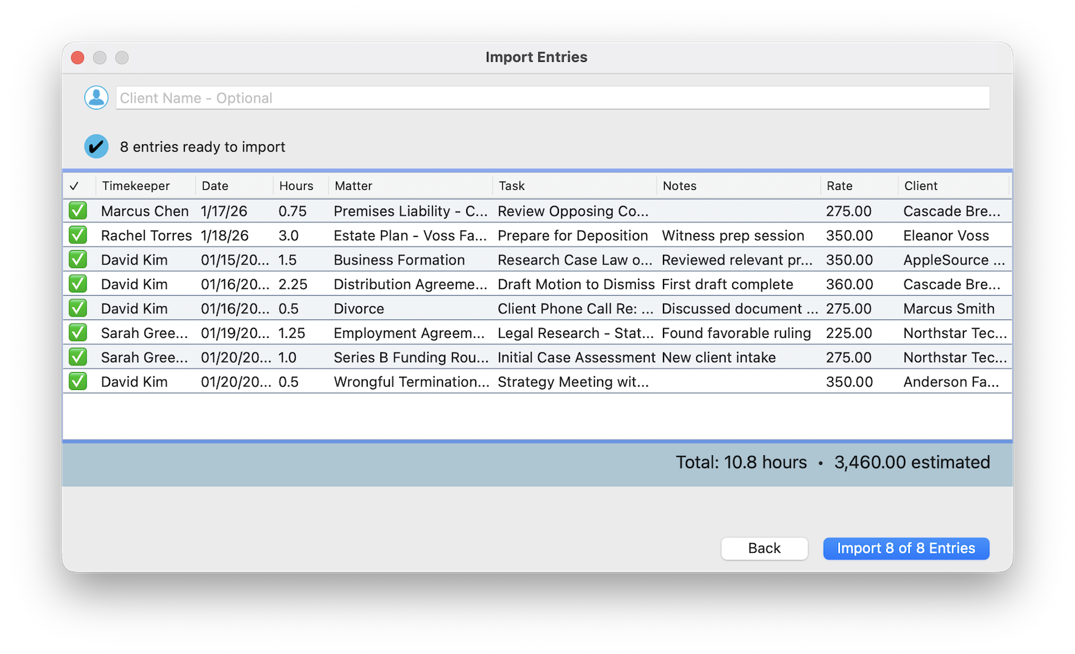 Import Entries review table: parsed entries with timekeeper, date, hours, matter, task, rate and client, every row checked and ready to import