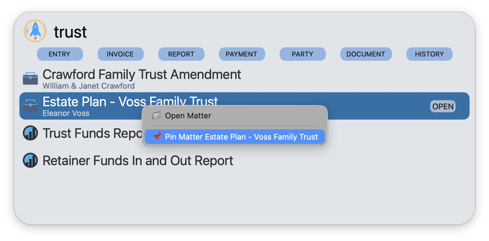 Right-click context menu showing Pin Matter option on Estate Plan - Voss Family Trust