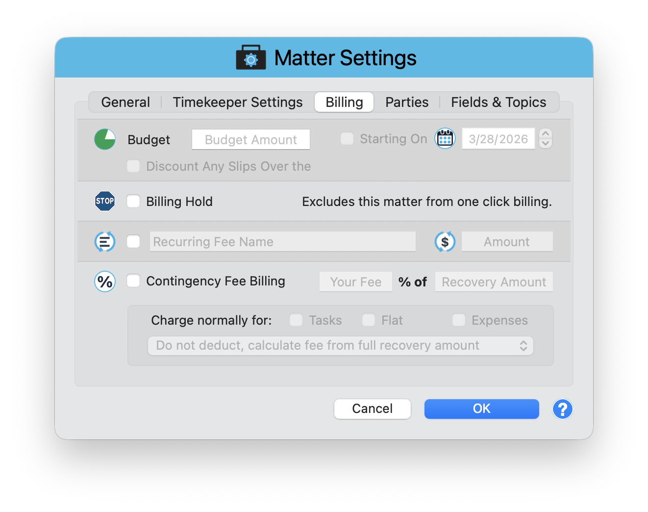 Matter Settings Billing tab showing Contingency Fee Billing with Your Fee percentage of Recovery Amount and charge normally options