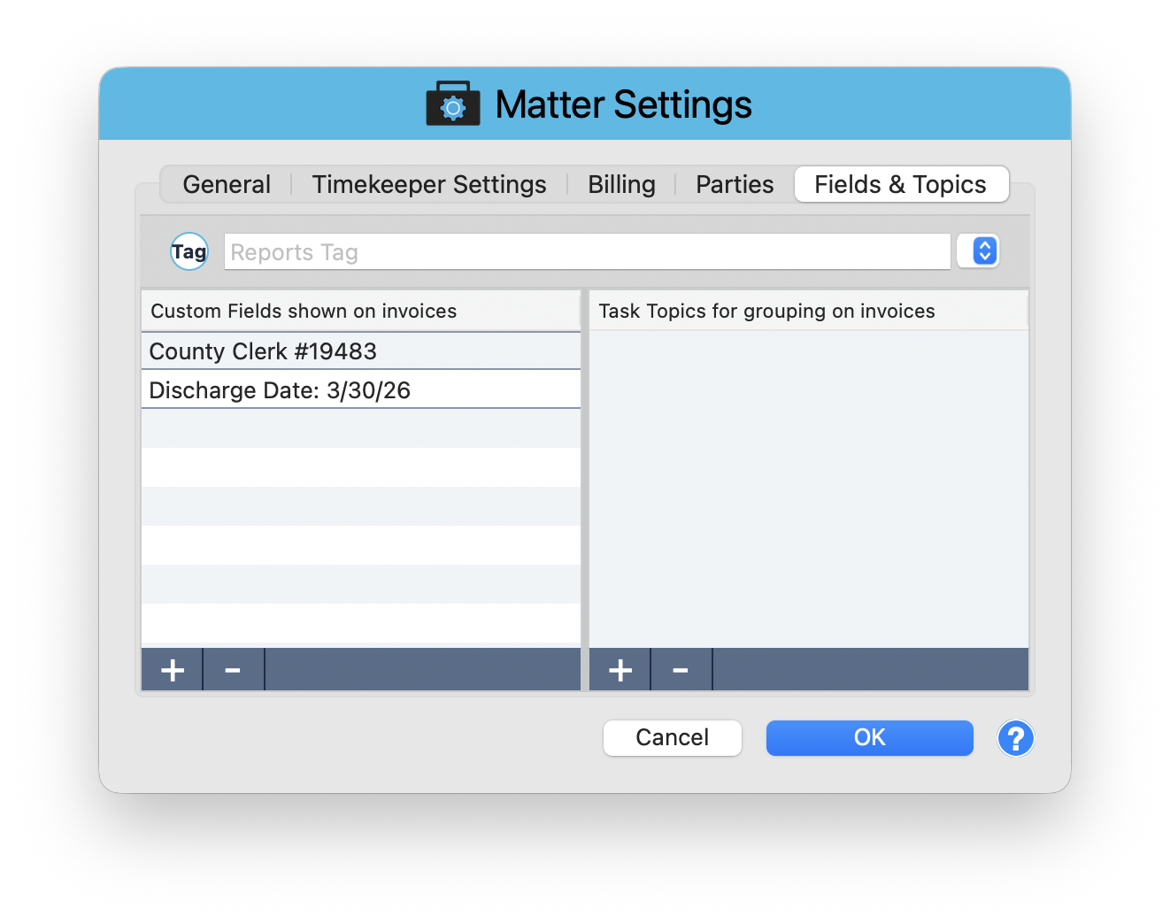 Matter Settings Fields and Topics tab showing Reports Tag dropdown, Custom Fields with County Clerk number and Discharge Date, and Task Topics for grouping on invoices