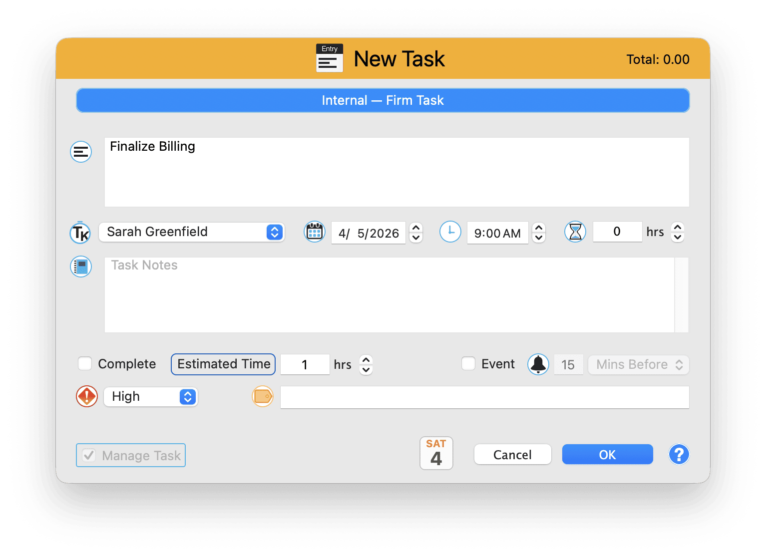 Task detail panel showing timekeeper assignment, duration, description, document linking, and billing options