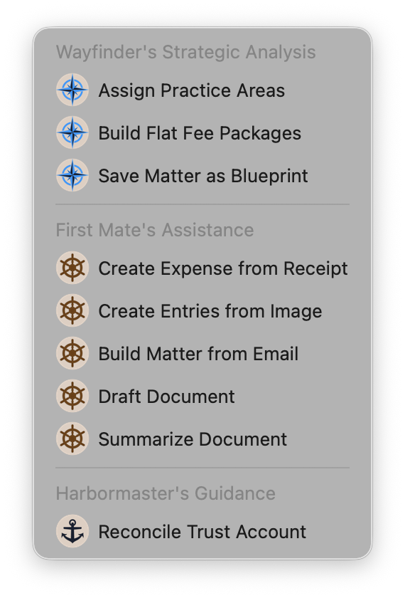The Oasis actions menu grouped by specialist, including create expense from receipt, build matter from email, draft document, and reconcile trust account