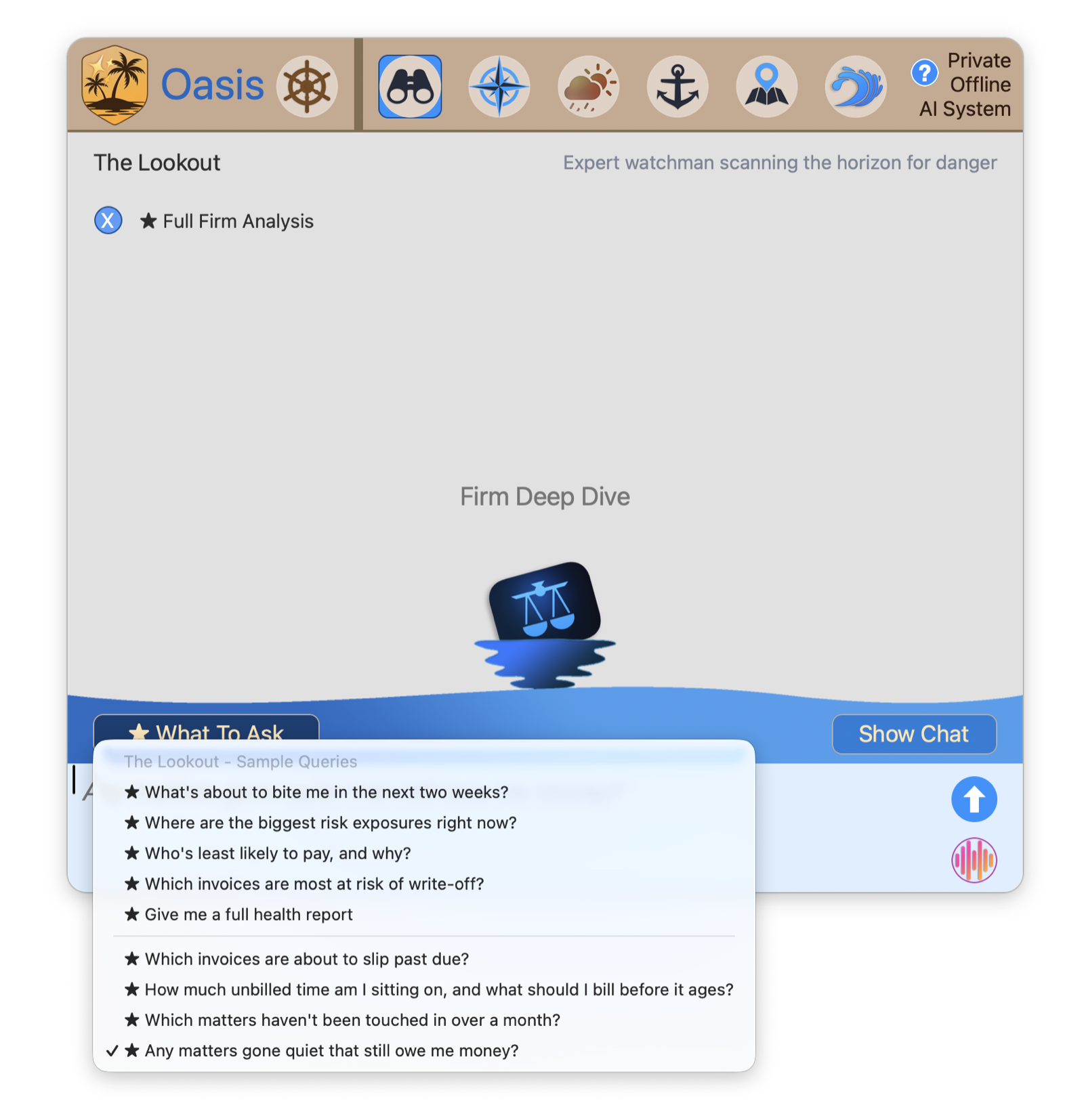 The Lookout persona in Oasis with sample queries about risk, such as what is about to bite me in the next two weeks and which invoices are most at risk of write-off