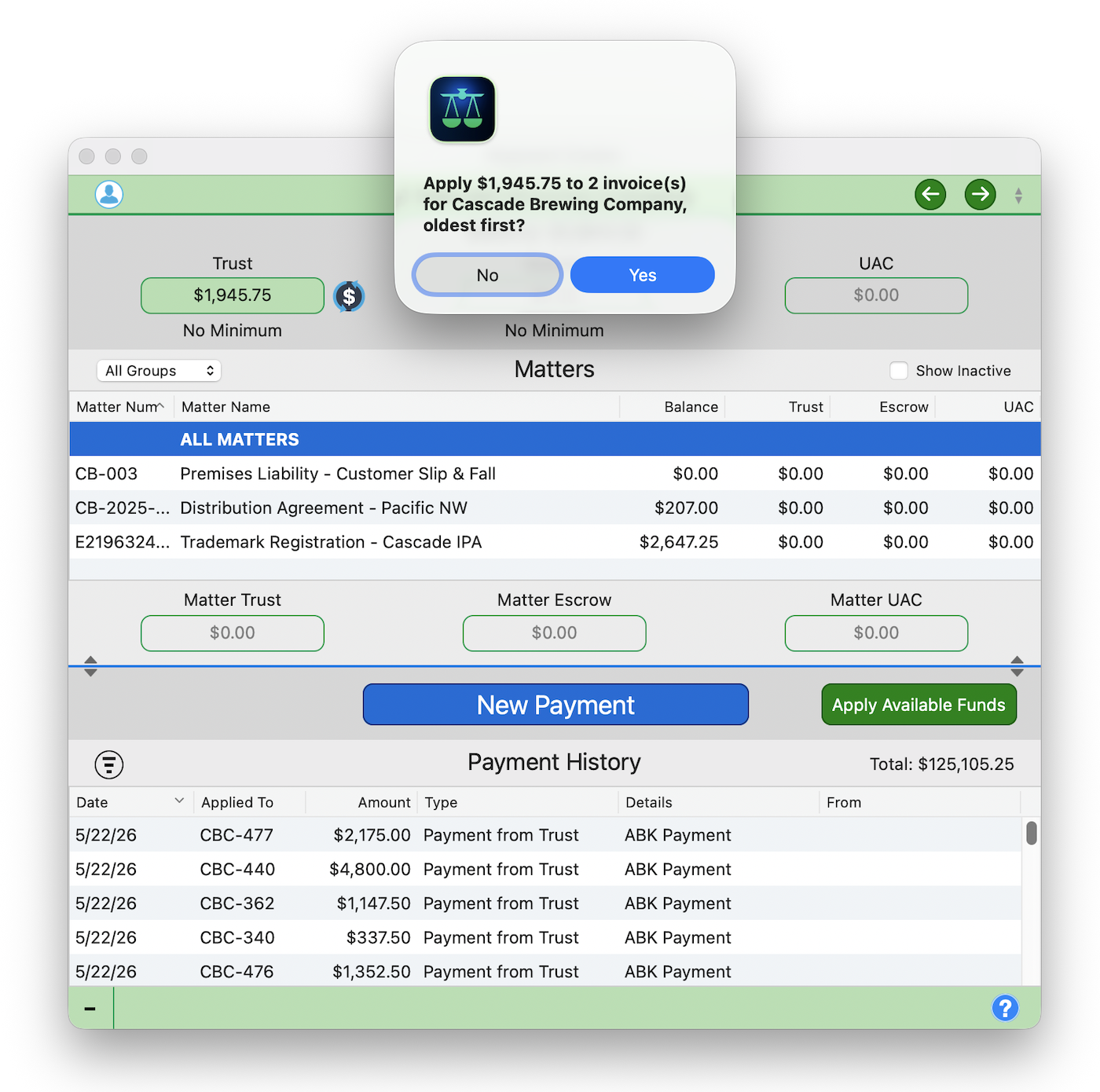 Apply Available Funds confirmation dialog showing the amount and invoice count to apply, oldest first