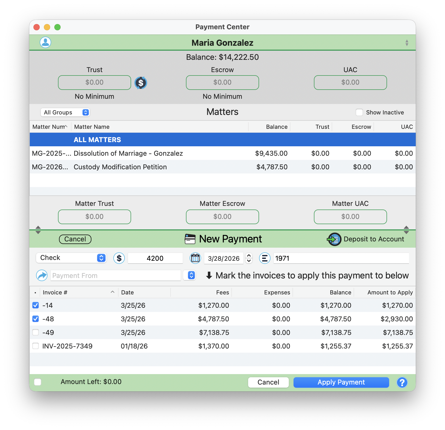 New Payment panel showing payment type, amount, reference number, and invoice list with checkboxes for applying payments