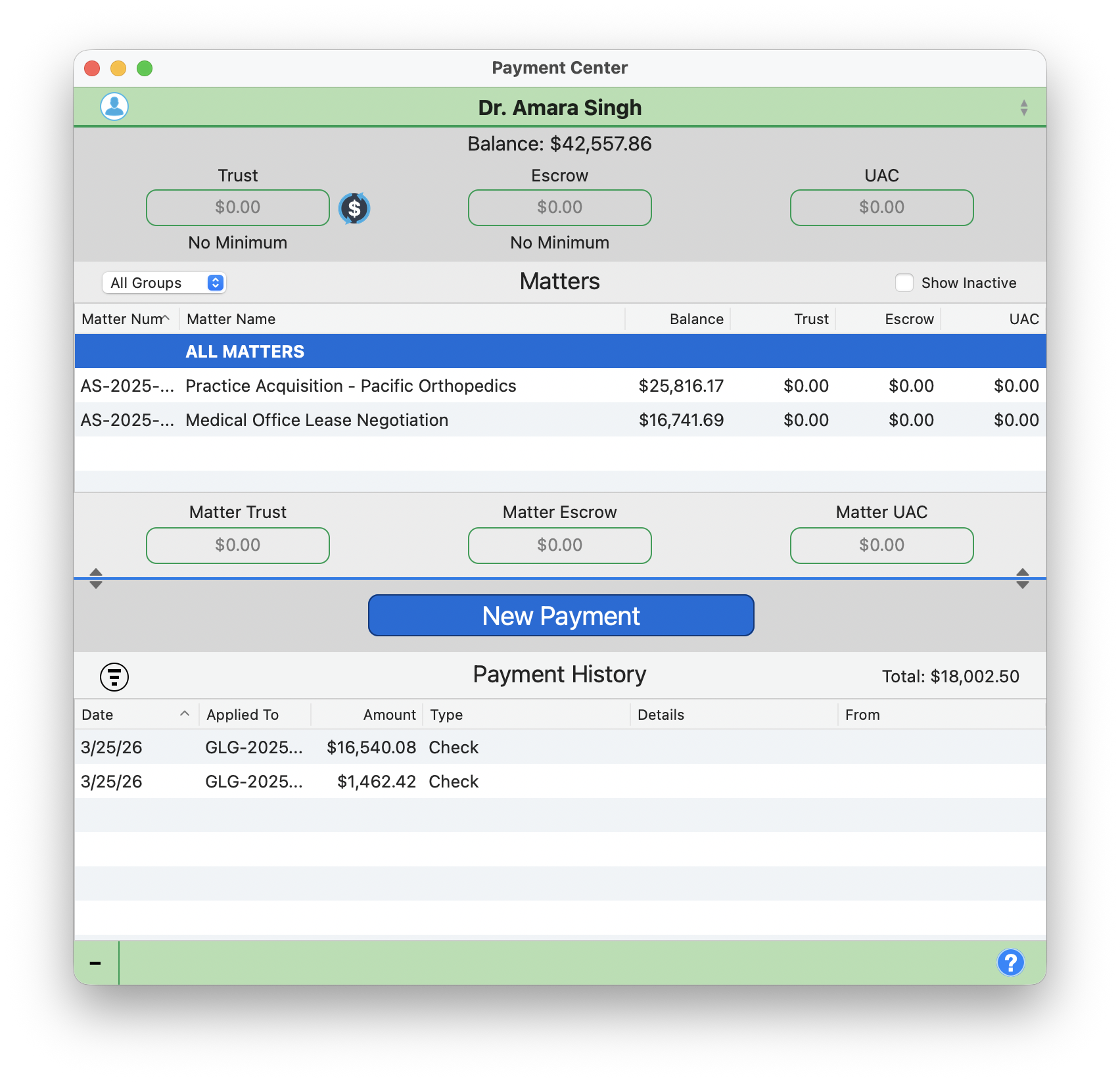 Payment Center overview showing client balance, Trust, Escrow, and UAC account boxes, matters table, and payment history