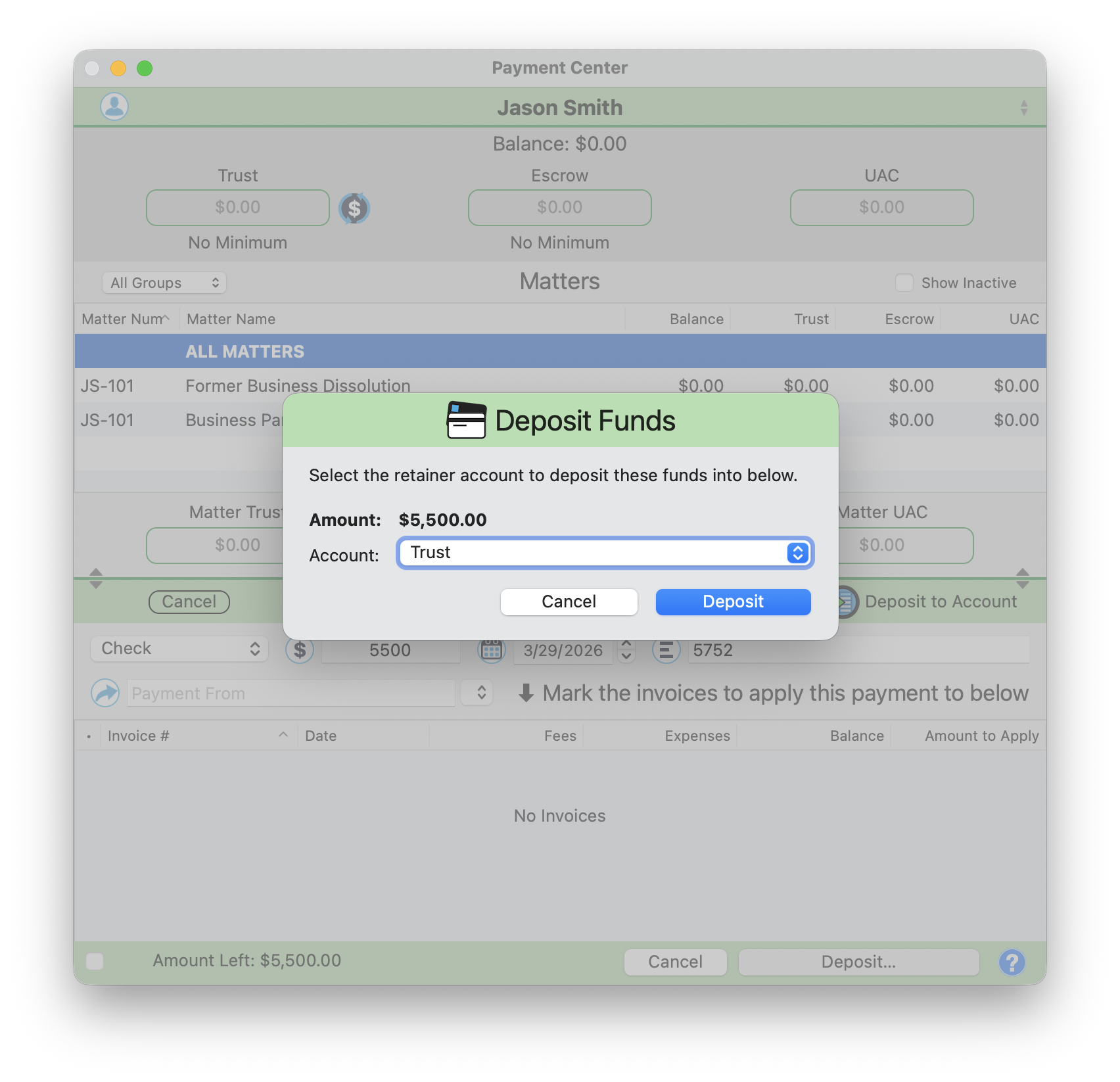 Deposit Funds dialog with account dropdown set to Trust, showing the deposit amount and the payment panel behind it