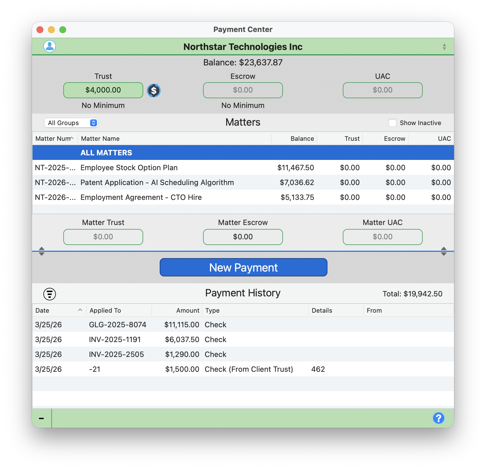Payment History showing multiple transactions including a Check (From Client Trust) entry with deposit reference details