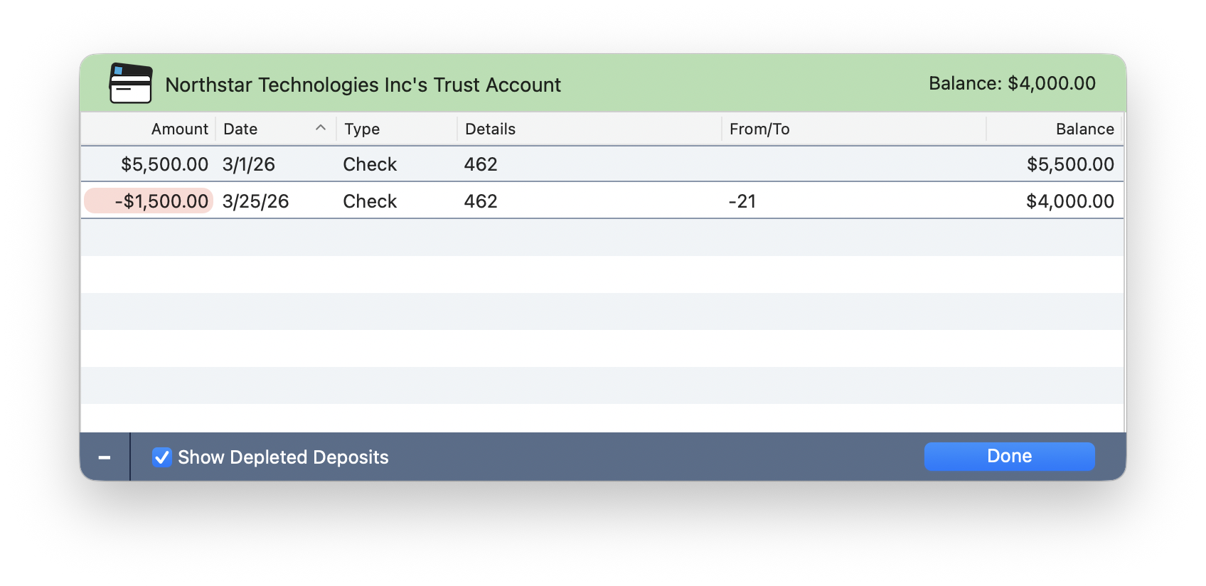 Trust Account Ledger showing deposits, withdrawals with pink highlighting on negative amounts, and a running balance