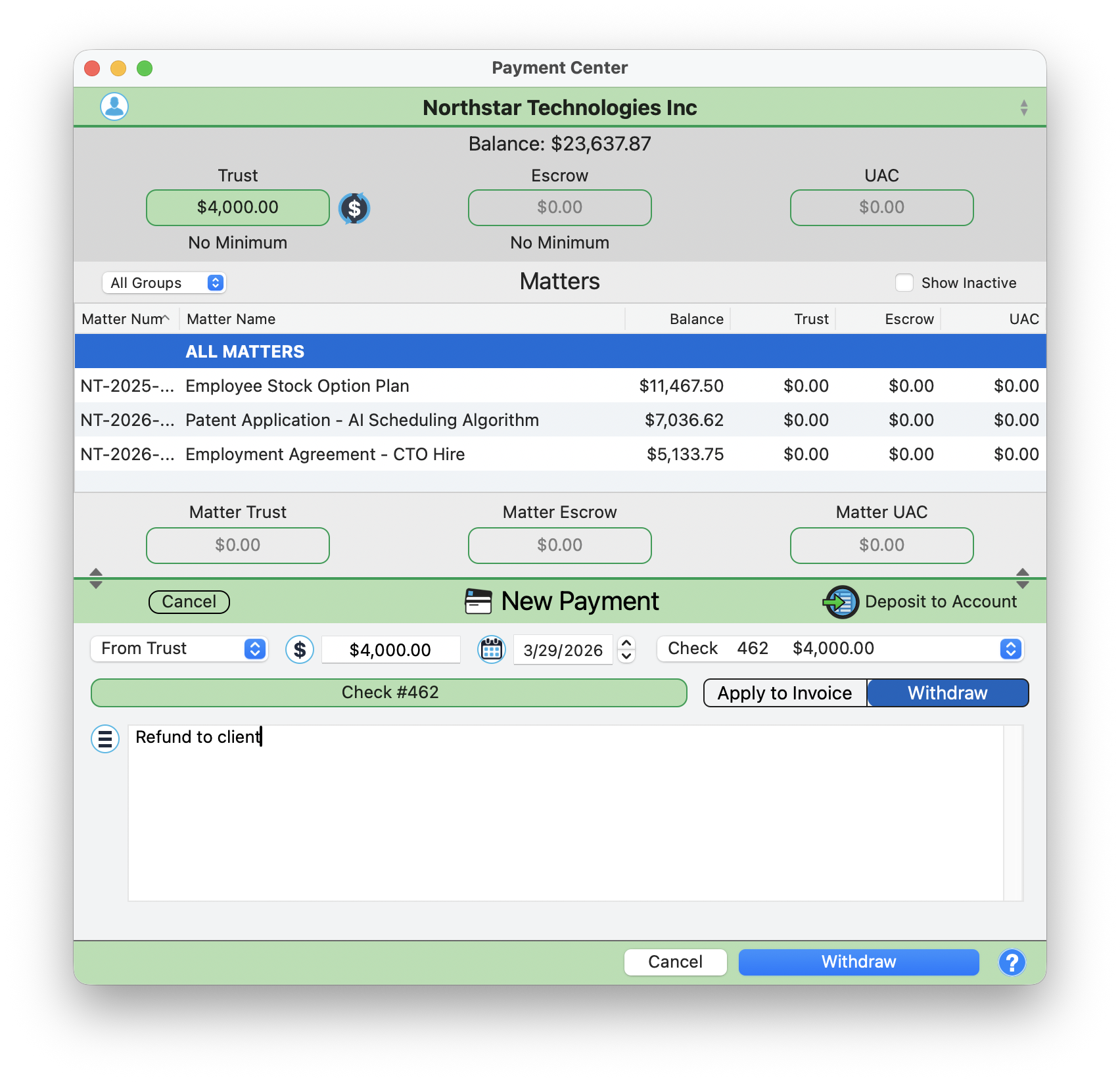 Trust withdrawal panel showing From Trust payment type, the Withdraw toggle selected, and a refund note in the Notes field