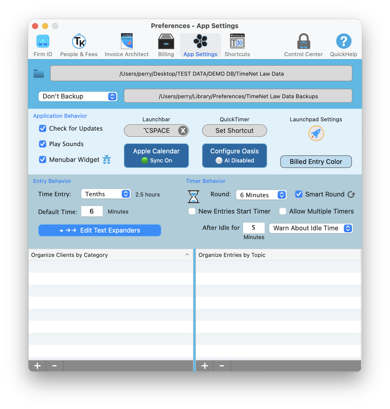 Preferences App Settings tab showing timer behavior, entry behavior, and display settings