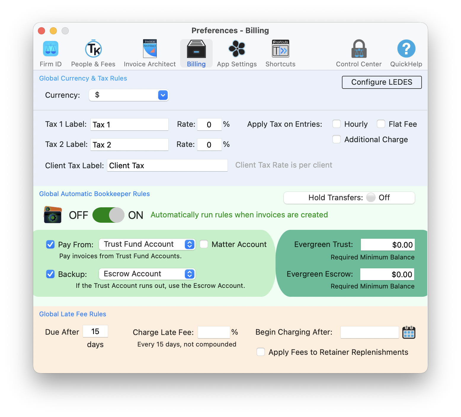 Preferences Billing tab showing tax rules, automatic bookkeeper rules, and late fee settings