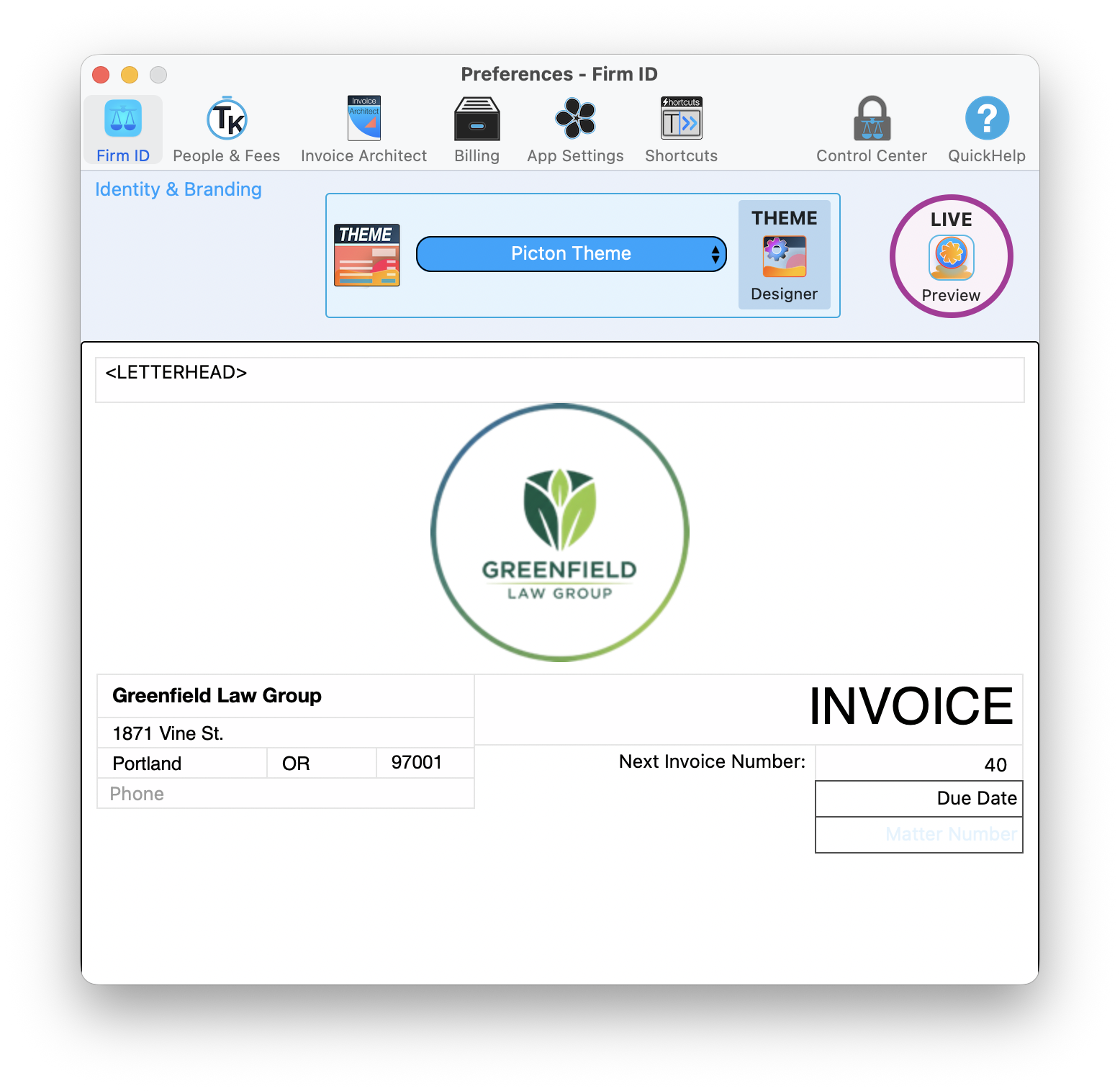 Preferences Firm ID tab showing identity and branding settings with theme selector and invoice preview
