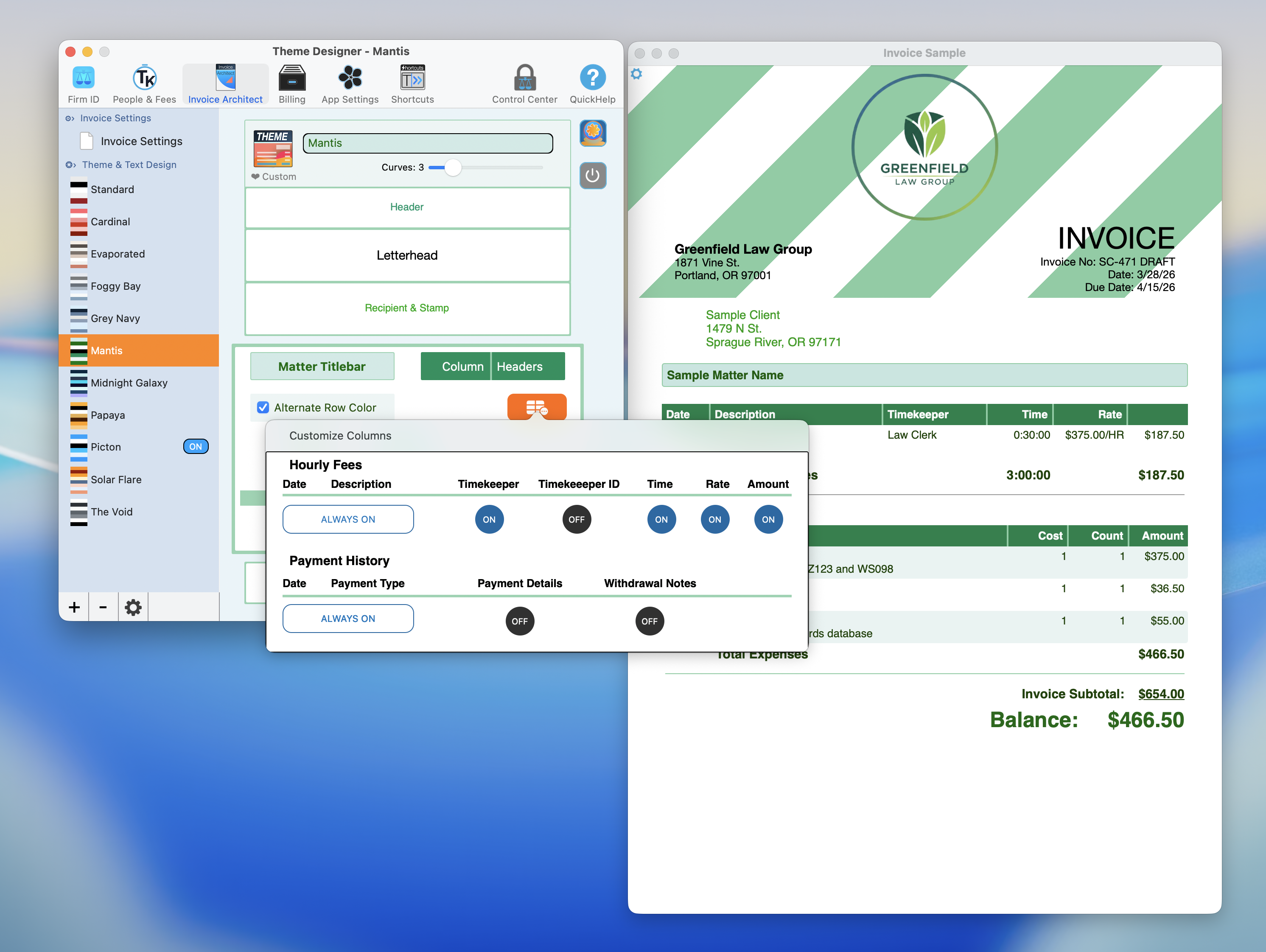 Customize Columns panel showing toggleable columns for Hourly Fees and Payment History