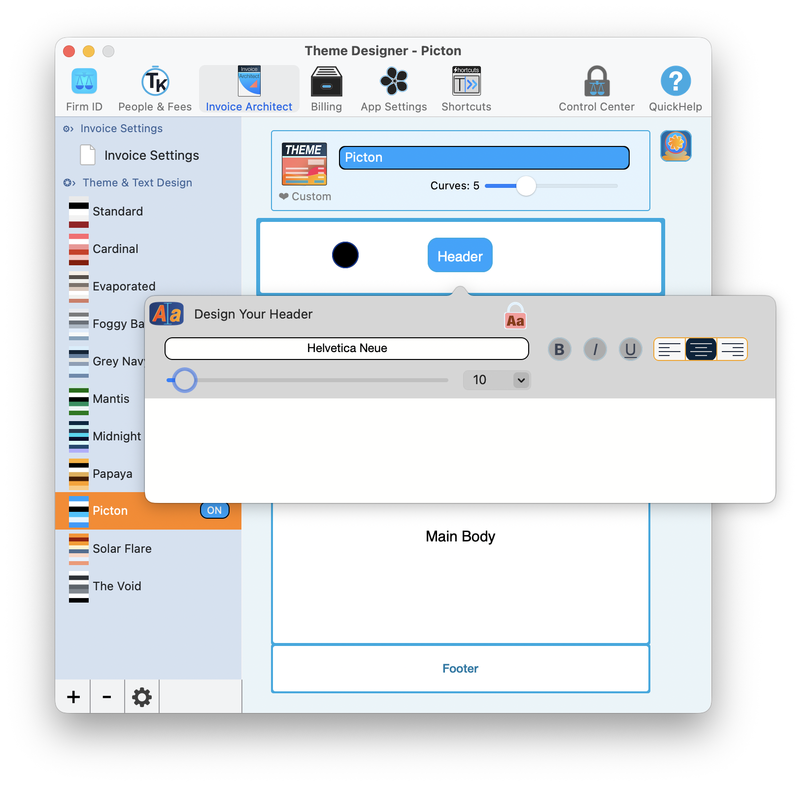 Header Designer popover showing font family dropdown, formatting buttons, text alignment, font size slider, and rich text editing area
