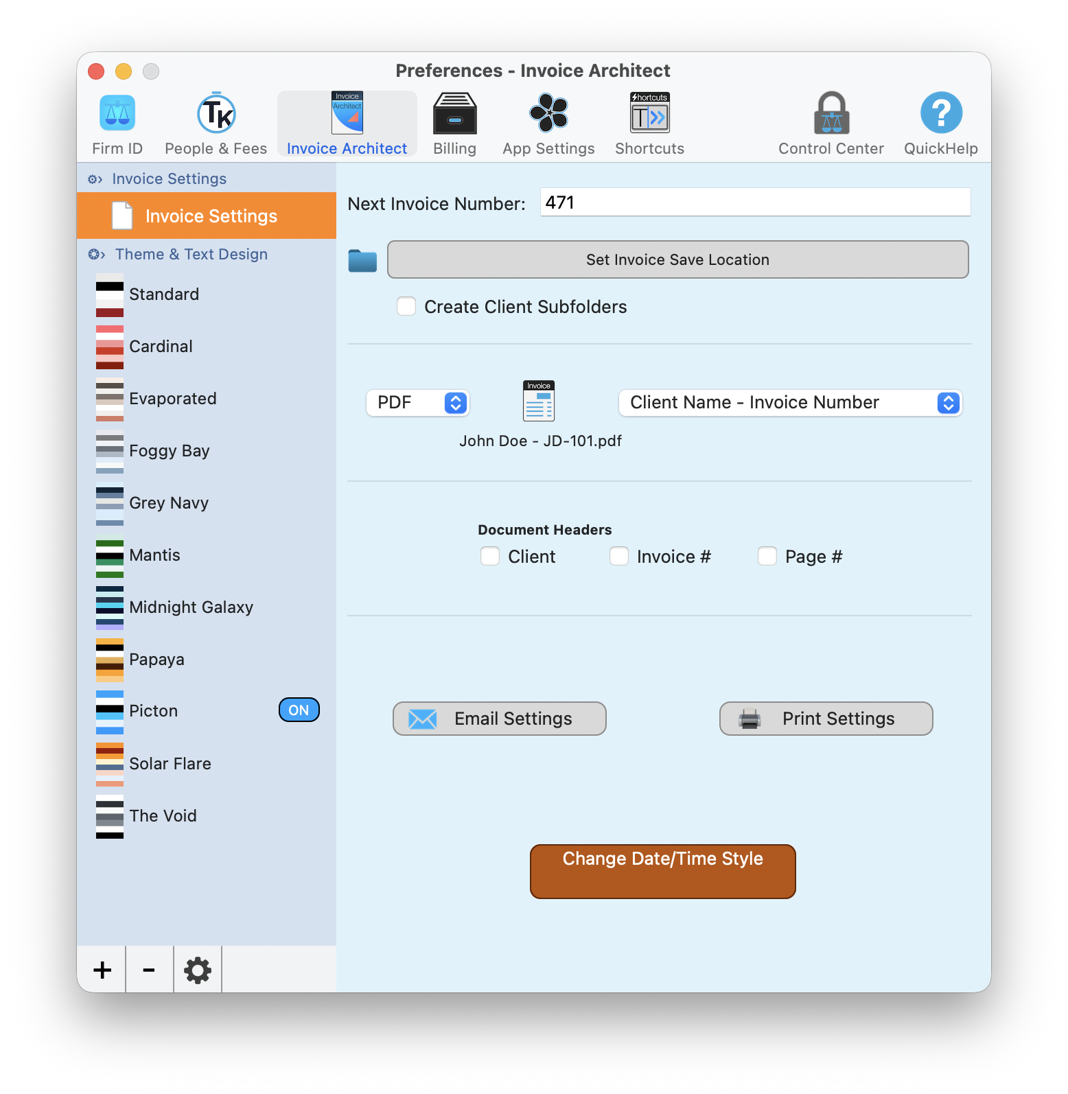 Invoice Architect Invoice Settings sub-panel showing numbering, save location, file format, and document header options