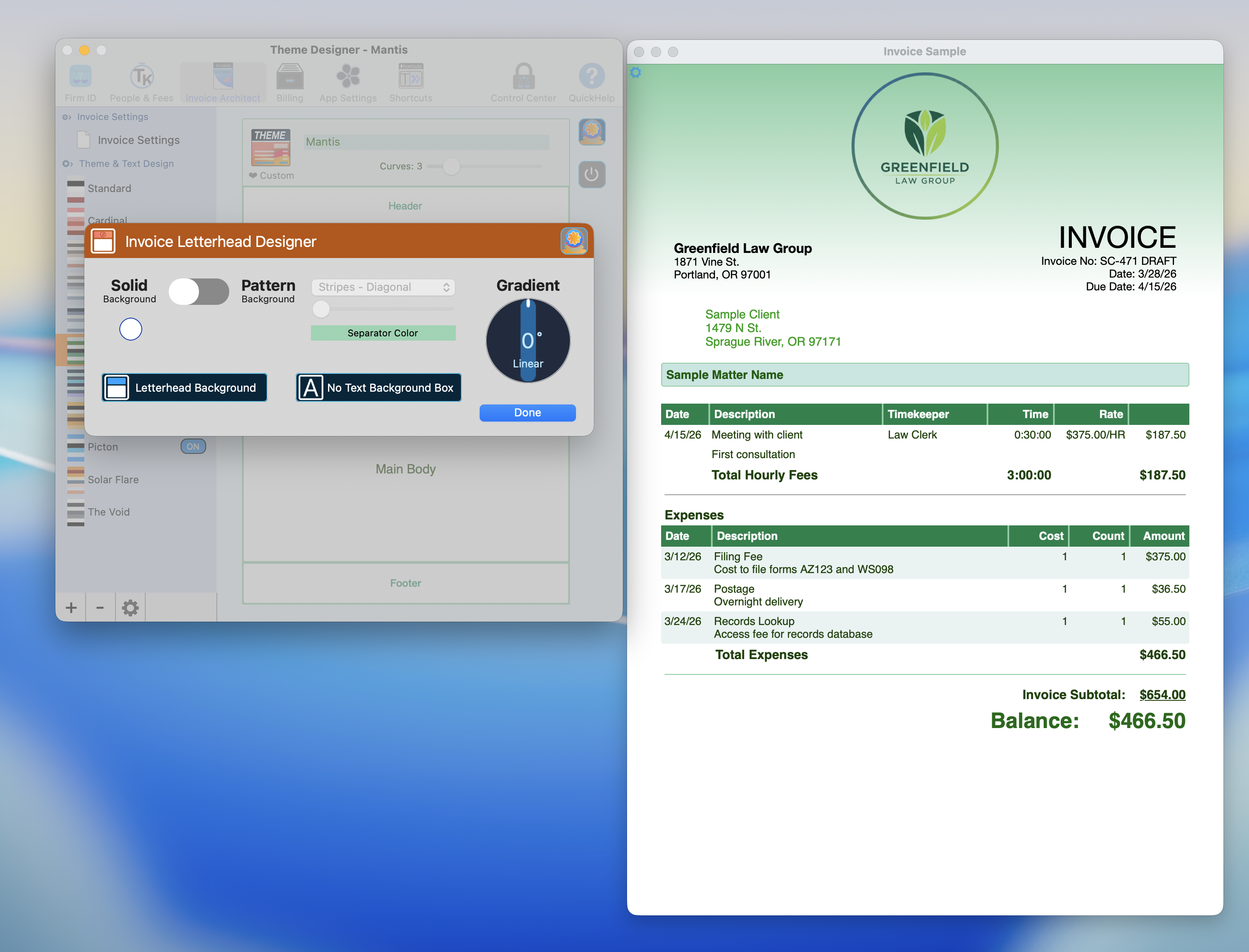 Invoice Letterhead Designer showing solid and pattern toggle, gradient dial, separator color, and background color controls