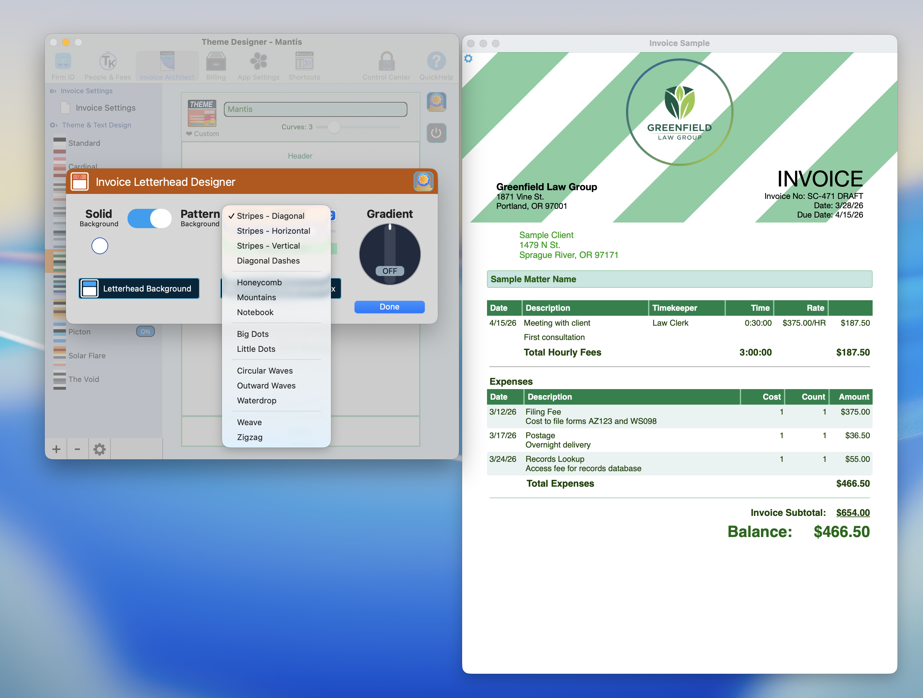 Full list of 14 available letterhead patterns including Stripes, Honeycomb, Mountains, Zigzag, and more