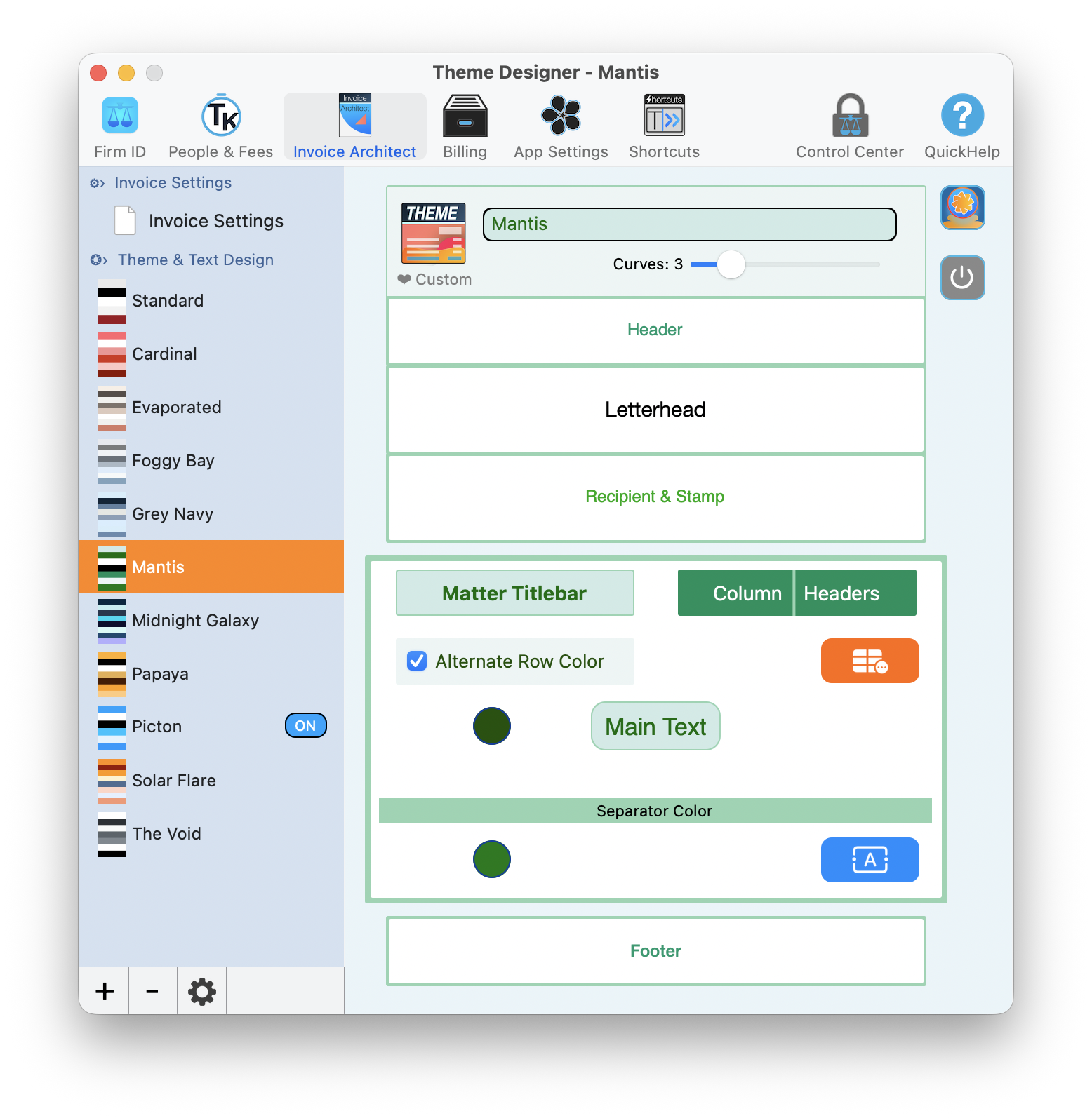 Main Body designer showing Matter Titlebar, Column Headers, Alternate Row Color, Main Text, and Separator Color controls