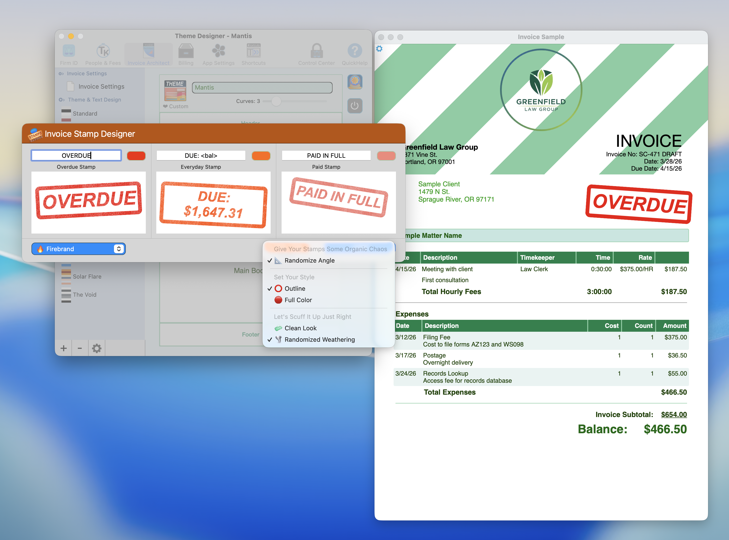 Invoice Stamp Designer showing Overdue, Everyday, and Paid stamps with organic chaos, style, and weathering options