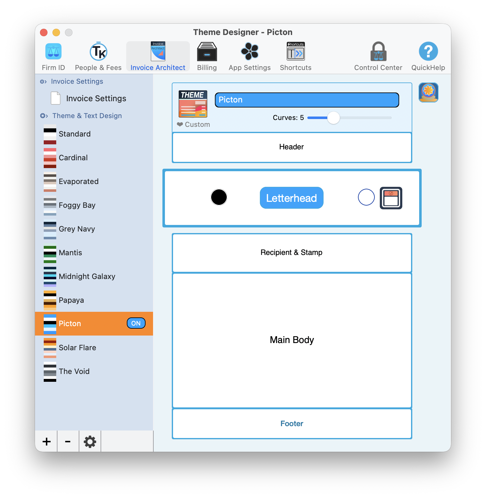 Theme Designer showing the Picton theme with editable theme name, Curves slider, and five clickable layout zones