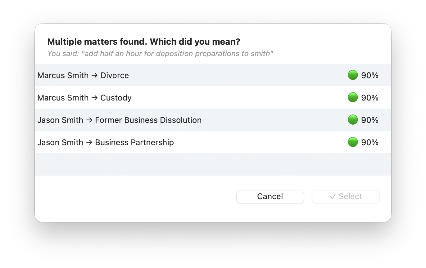 QuickCapture disambiguation — 'add half an hour for deposition preparations to smith' finds Marcus Smith and Jason Smith across 4 matters