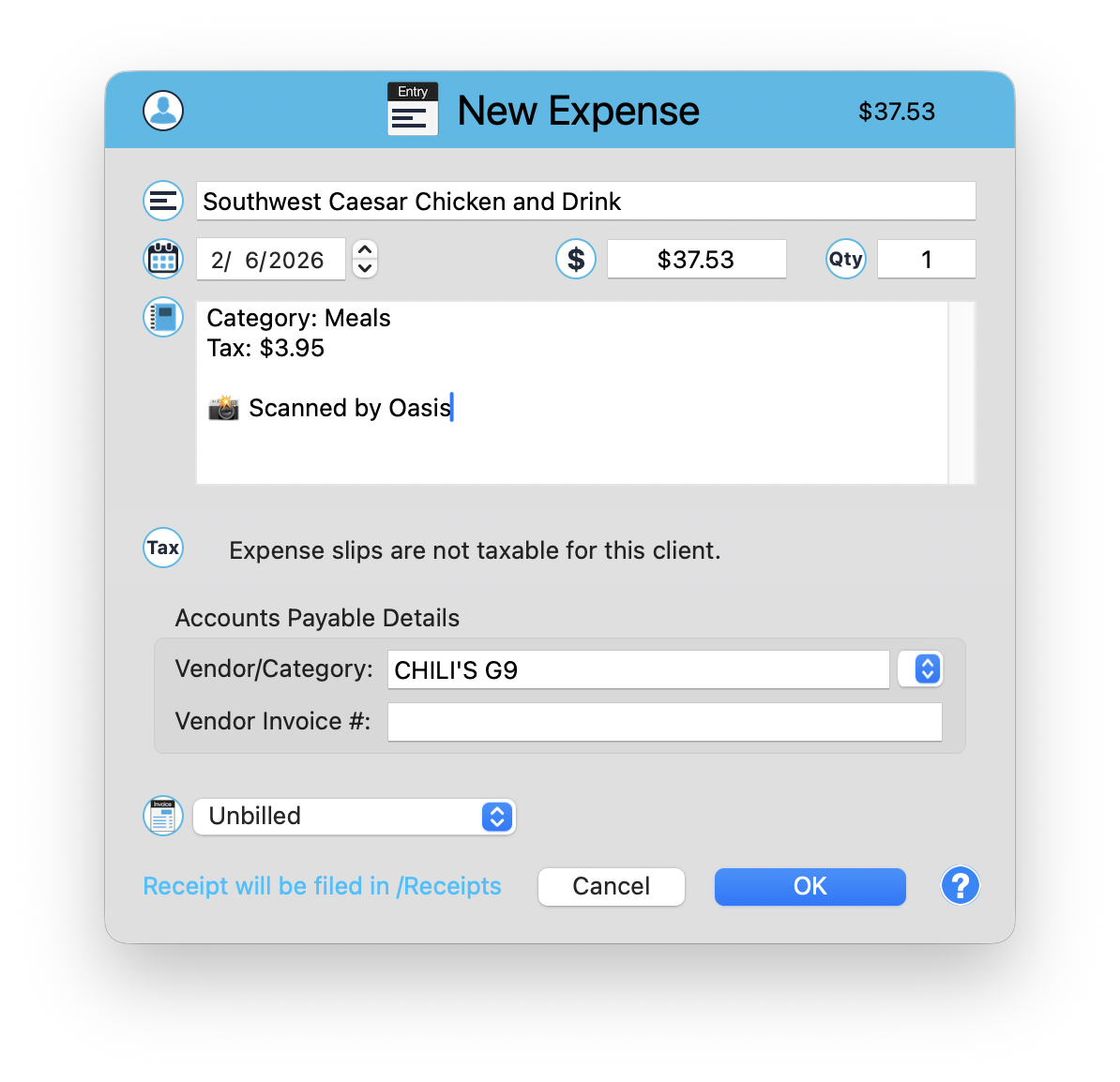 A New Expense window pre-filled by Oasis with a description, amount, date, category, tax, and vendor, marked Scanned by Oasis