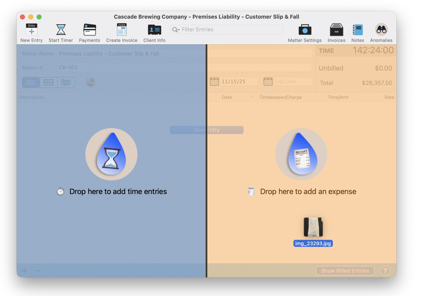 A matter window showing two drop targets while a receipt image is dragged in, one for time entries on the left and one for an expense on the right