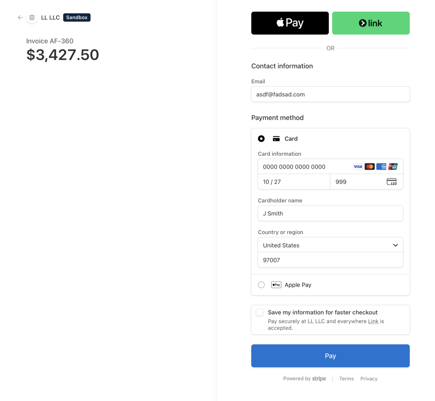 The secure Stripe checkout page a client sees, showing the invoice number and amount with Apple Pay and card payment options