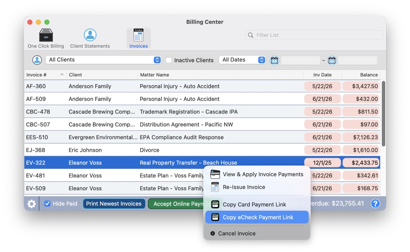 Right-clicking an invoice in the TimeNet Law Billing Center showing Copy Card Payment Link and Copy eCheck Payment Link menu items