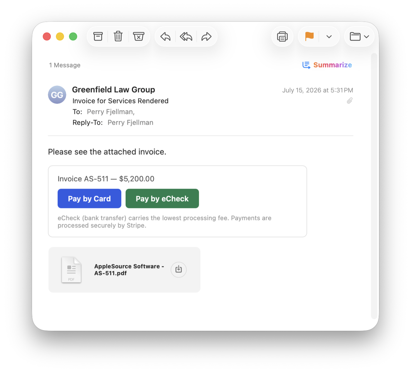 An emailed invoice with Pay by Card and Pay by eCheck buttons beneath the invoice summary and attached PDF