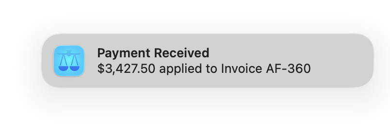 A macOS notification from TimeNet Law reading Payment Received, $3,427.50 applied to Invoice AF-360