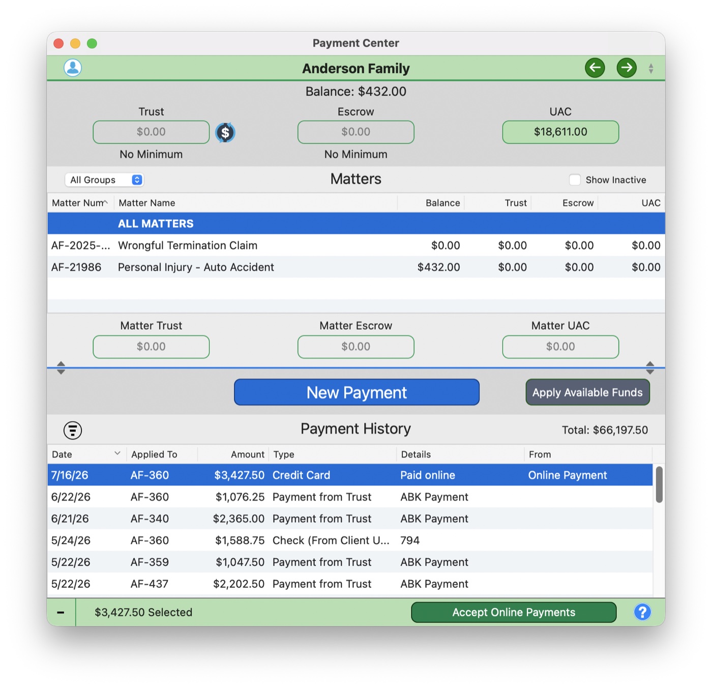 The Payment Center payment history showing an online credit card payment posted automatically to invoice AF-360 with the note Paid online