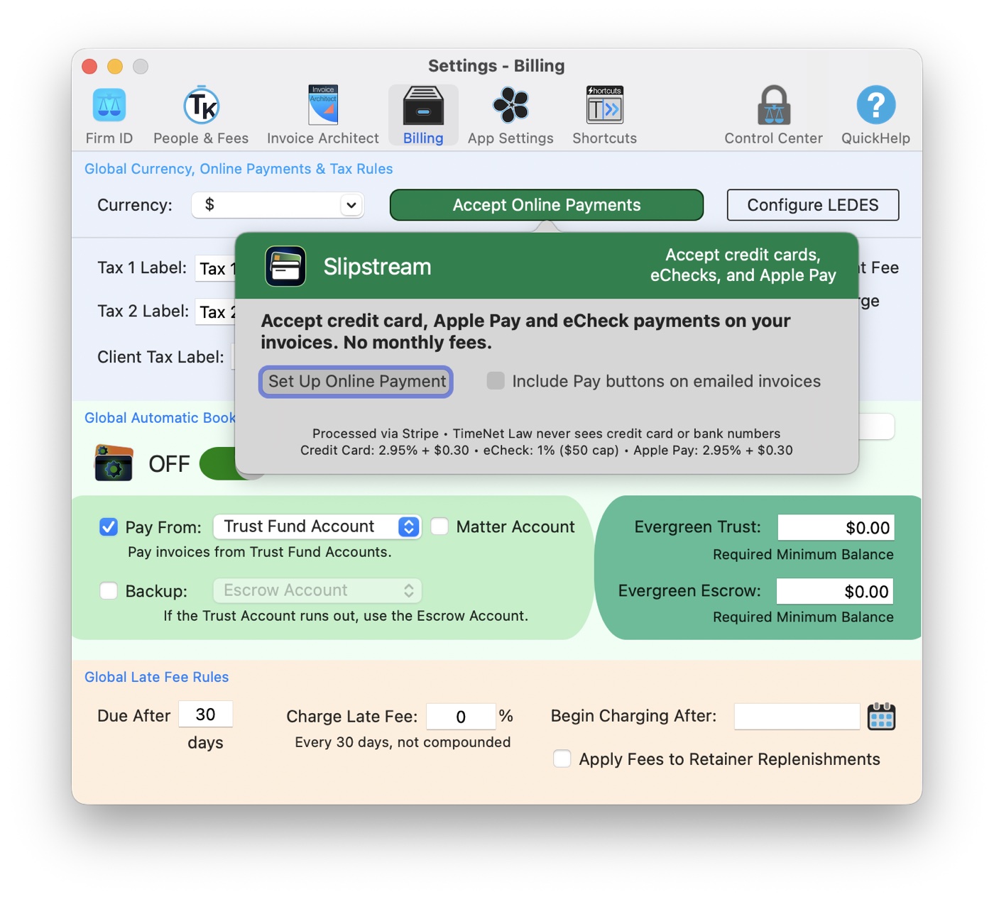 The Slipstream setup panel in TimeNet Law Settings, offering credit card, Apple Pay and eCheck payments with no monthly fees, with the full fee schedule printed in plain sight