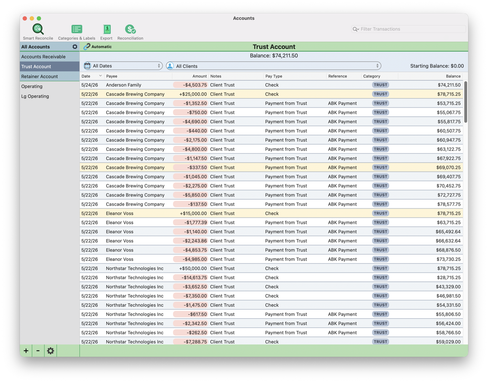 TimeNet Law Accounting window with the Smart Reconcile toolbar button, a trust account ledger with a running balance column, and unusual entries highlighted in amber