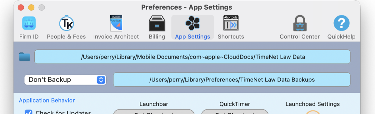 TimeNet Law Preferences App Settings tab showing the current data folder path pointing to a TimeNet Law Data folder inside iCloud Drive