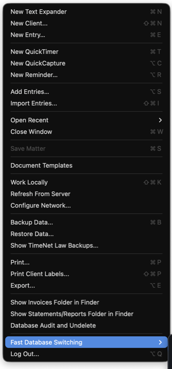 The TimeNet Law File menu with Configure Network, Work Locally, and Refresh From Server listed together