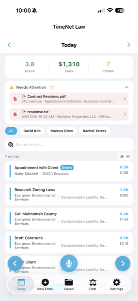 TimeNet Law iOS Today view showing hours, fees, and entry count for the day, a Needs Attention card, and the day's time entries