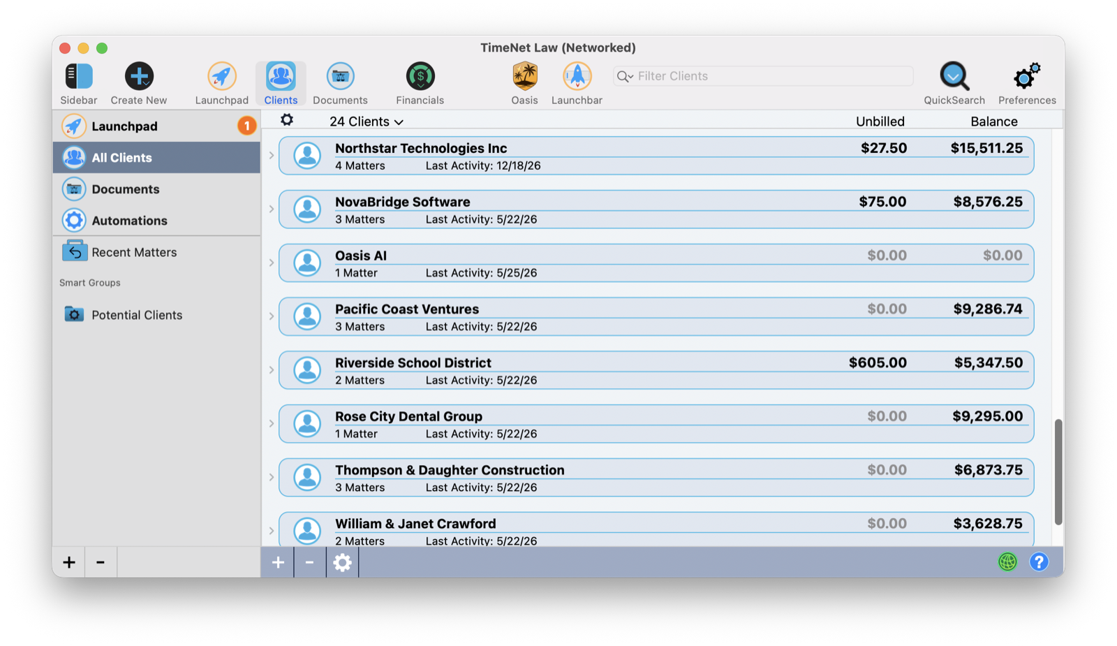 The TimeNet Law main window titled TimeNet Law (Networked) with a green network indicator in the bottom right corner of the client list